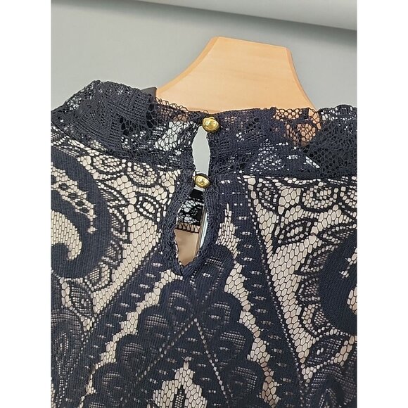Liberty Love Top Size L black lace with beige underlay high neck cap sleeve y2k - Picture 6 of 8